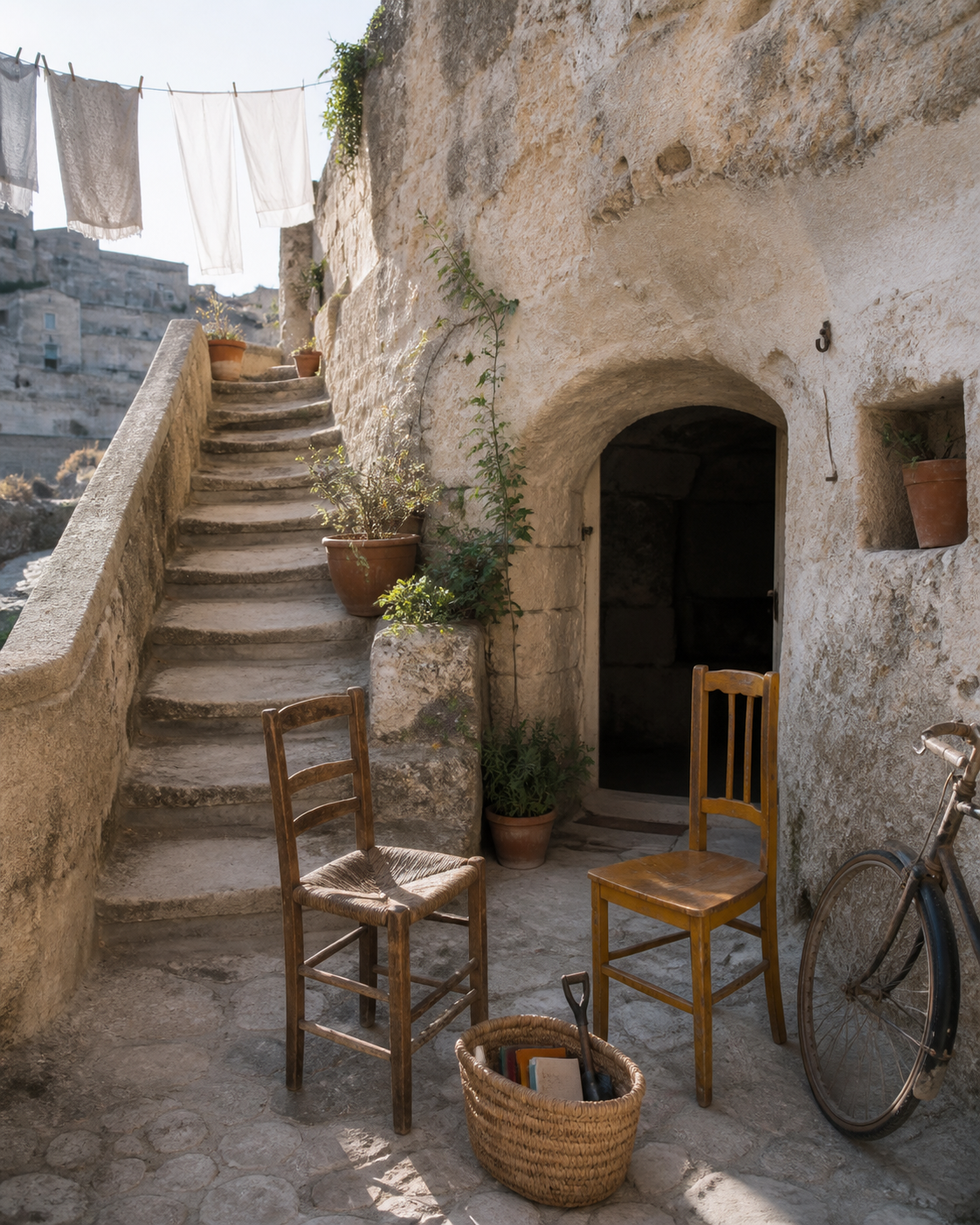 Cortile in tufo con scale, sedie, piante e una cesta di oggetti da condividere