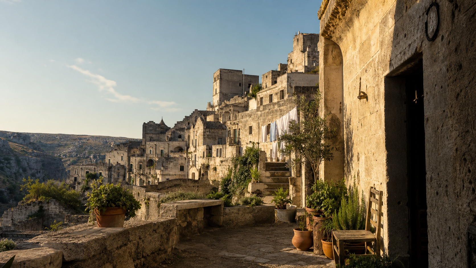Vicinato in pietra nei Sassi di Matera affacciato sulla Gravina